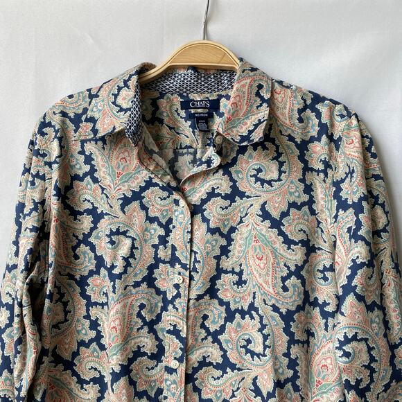 Chaps No Iron Paisley Button Up Shirt Women L Blue Long Sleeve Flip Cuffs Preppy - Picture 4 of 9